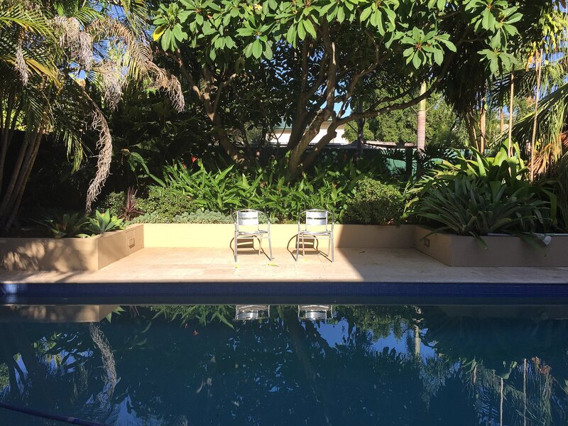 Backyard pool with lounge chairs and tropical landscaping